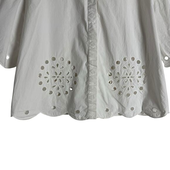 Jason Wu White Scalloped Eyelet Short Sleeve Cottage Button Up Blouse Size 8 - Picture 8 of 10
